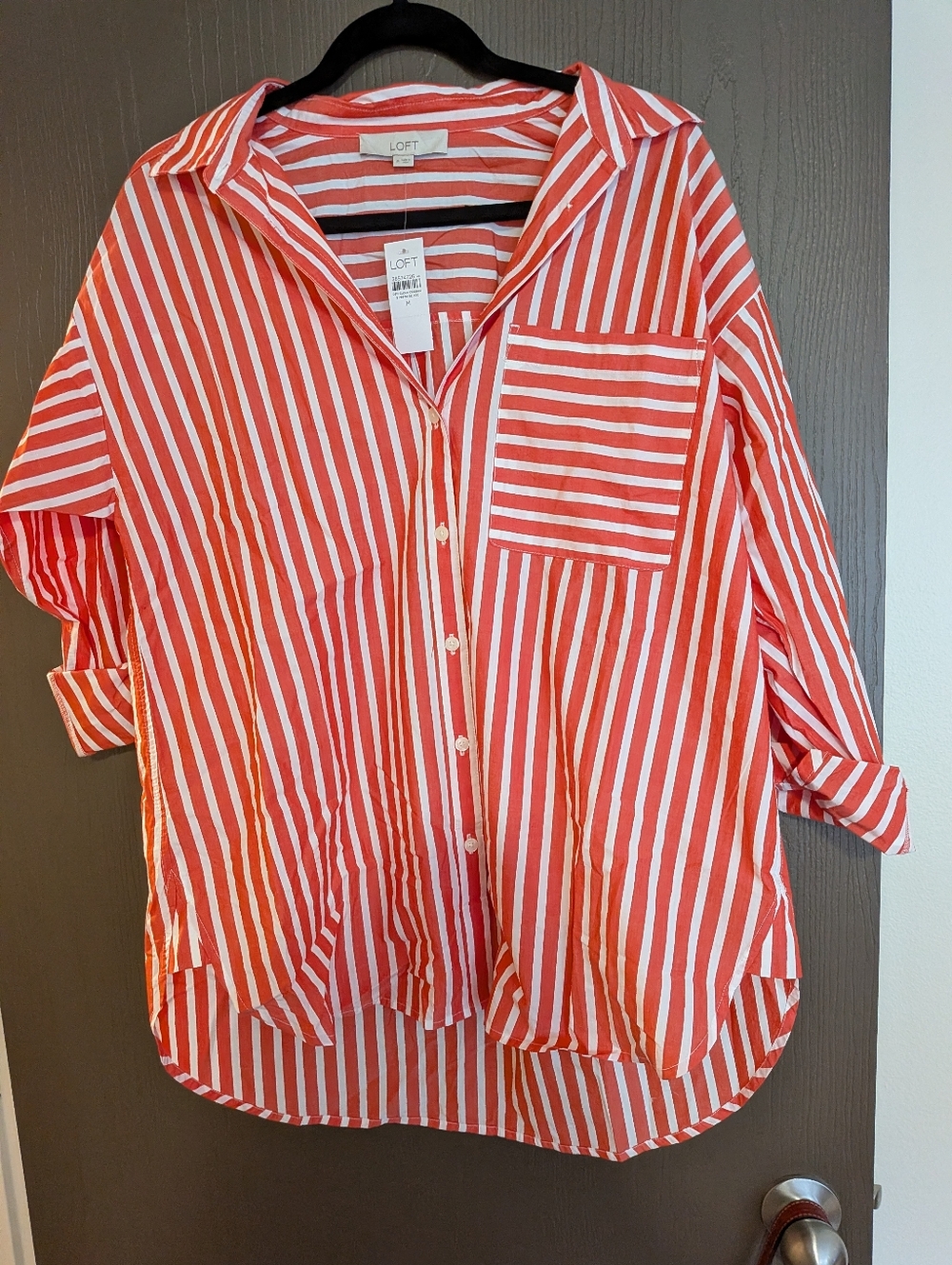 LOFT Coral and White Striped Relaxed Button-Down Shirt